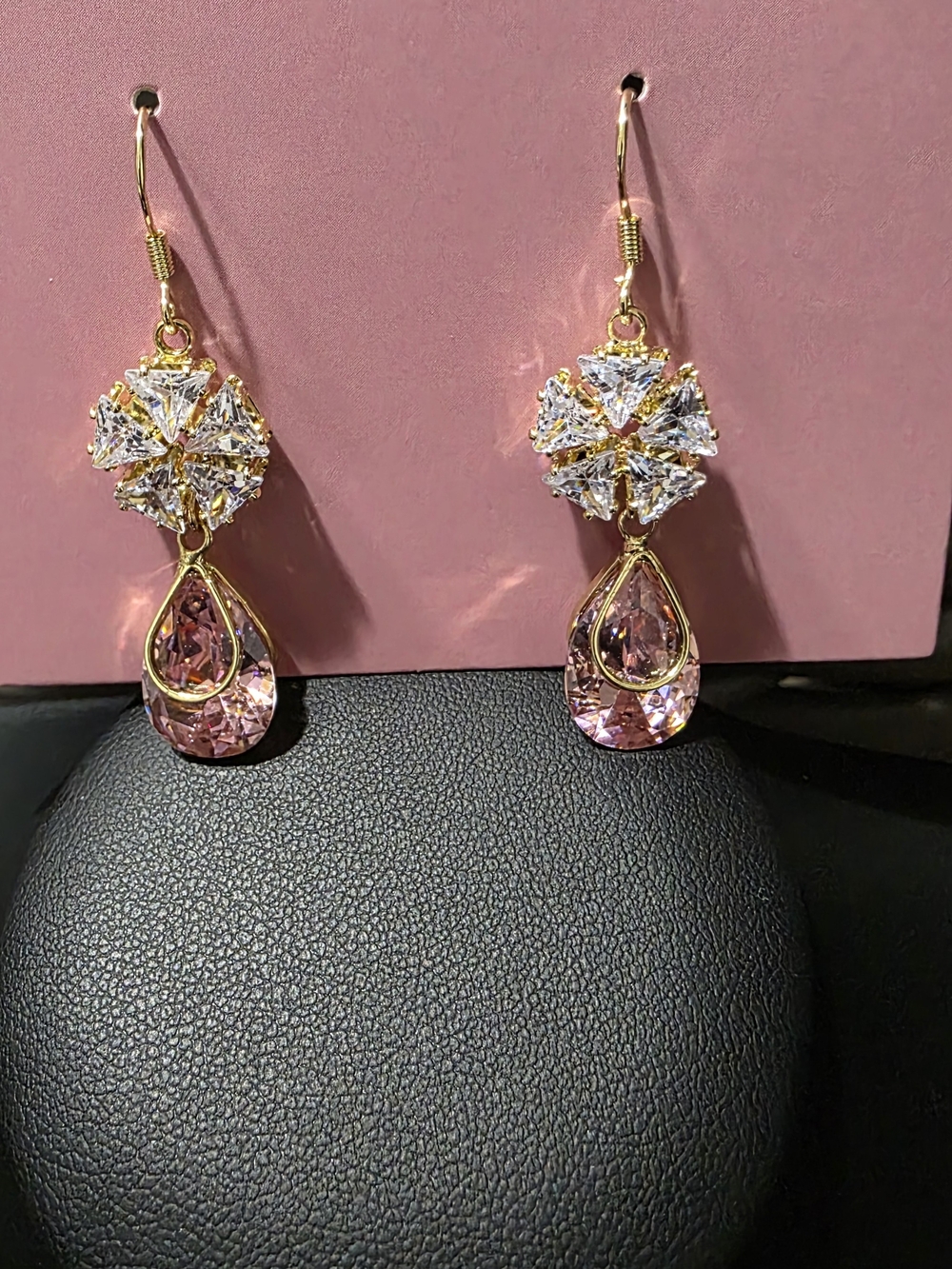 18k Gold Plated 925 Pink Teardrop Cubic Zirconia Drop Earrings